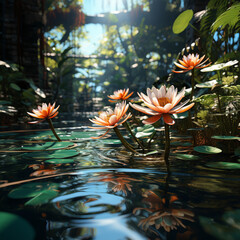 Leinwandbilder - A mesmerizing view of lily pads with their circular leaves creating delicate patterns on the mirror-like water. 