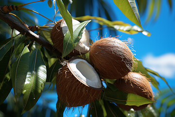 Wall Mural - An overhead view of a lush coconut grove, with ripe coconuts hanging from the trees against a clear blue sky. 