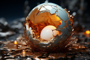 Poster - A partially cracked eggshell with a tiny beak and feathers peeking through, signifying the imminent arrival of a new creature.  