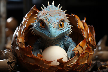 Poster - A hatchling with wide eyes emerging from its eggshell, evoking innocence  