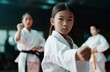 Young girl karate. Art school fitness kid kimono. Generate Ai