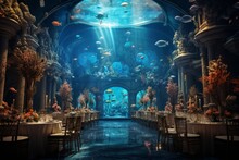 A Grand Ballroom In A Palace Under The Sea, Where Mermaids And Sea Creatures Celebrate A Lavish Underwater Gala.