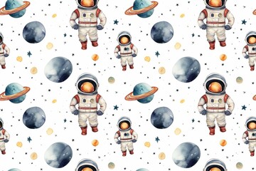 Wall Mural - seamless pattern of watercolor outer cosmos space with astronaut
