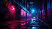 Night Street In The City, Neon-lit Brick Texture With Red And Blue Accents, Urban Nightlife Vibes, Intense Neon Lighting, Street Art Background