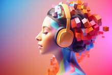 Girl With Headphones With Colorful Painted 3D Vivid Hair On A Dark Color Background. An Illustration Of Auditory Hallucinations Or Enjoyment Of Music. Mental Health Concept, Synesthesia. Generative AI