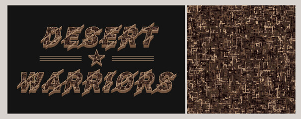 Wall Mural - Set of camo pattern, label. Brown T-shirt typography with camouflage texture. Horizontal word Desert Warriors with military star. For sport goods, textile design Not AI