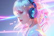Girl with headphones with colorful painted 3D hair on a light color background. An illustration of auditory hallucinations or enjoyment of music. Mental health concept, Synesthesia. Generative AI