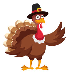 turkey character in pilgrim hat. cartoon illustration for thanksgiving. thanksgiving bird mascot iso