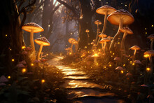 The Path Leads To An Enchanted Forest Lit By Glowing Mushrooms