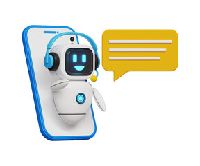 3D chat with AI concept. Digital chat bot. Smart ai chat bot. Bot conversation. Robot with smartphone and speech bubble. 3d illustration