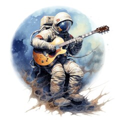 Wall Mural - watercolor astronaut playing guitar on a white background. Generative AI