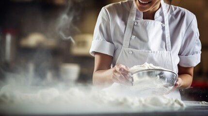 Poster - A woman in a white shirt is mixing dough, AI