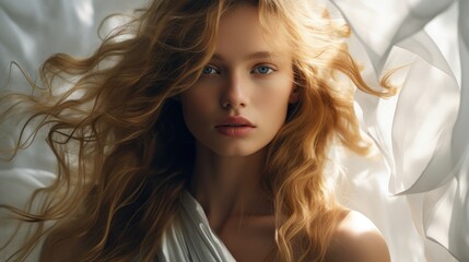 Photo of a beautiful woman surrounded by a light flowing fabric that flutters in the wind, close-up
