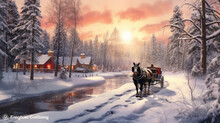 A winter scene with a horse-drawn sleigh ride through the snow-covered countryside.