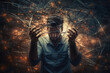 unhappy man stands in web of internet wires. Concept of social media addiction