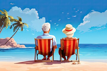 Wall Mural - senior couple on paradise beach ocean summer vacation illustration
