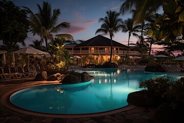 Wall Mural - Luxury hotel with swimming pool, palm trees and flowers at sunset. Illuminated swimming pool. Luxury travel vacation. Generative AI