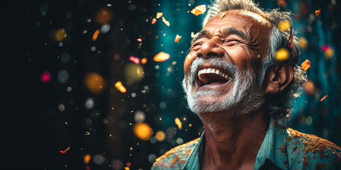 Canvas Print - Happy laughing senior man grandad grandfather grandpa and falling confetti on teal blue background. Modern old guy with smile celebrating at party. Winning Lottery. Generative AI.