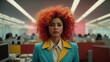 © sebas - Woman with striking, curly orange hair in a dynamic office setting. She is elegantly dressed in a yellow jacket and an impeccable white collared shirt, standing out in the professional environment.