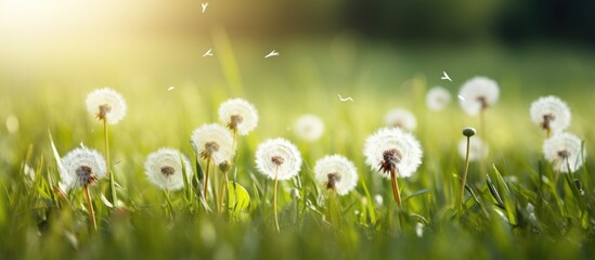 Canvas Print - Natural background with white dandelion on green grass