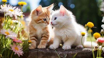  Cute little kittens playing in the garden on sunny summer day. Cute red and white maine coon kittens sitting on wooden bench in garden.