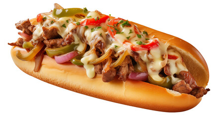 Philly cheesesteak with sautéed onions and bell peppers isolated on white background