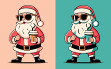 Santa Holding Takeaway Coffee Cup Illustration. Cute And Funny Santa Claus. Holiday Season Aesthetic Drawing For Coffee Lovers, Barista, Coffee Shops. Minimalist Flat Design Vector For Print Products.