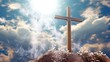 Christian cross on the background of the sky with clouds, Holy easter. Christian symbol of faith, 3D illustration, Generative AI