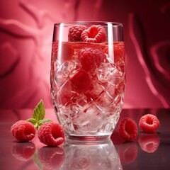 AI illustration of a closeup of a glass of ice cubes and raspberries.