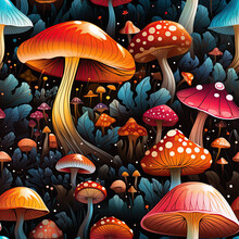 Seamless Pattern With Poisonous Hallucinogenic Mushrooms Fly Agarics Amanita Toadstool On Multicolored Psychedelic Background In Fairy Tale Forest