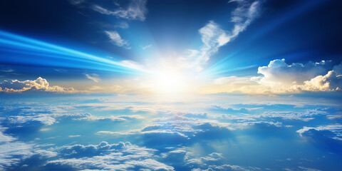 Wall Mural - panoramic view on planet earth globe from space with rising sun. glowing city lights, light clouds. 