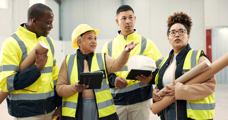 Poster - Engineering group, teamwork and people planning in warehouse inspection, construction or building design. Industry manager on digital tablet for blueprint or floor plan with architecture renovation