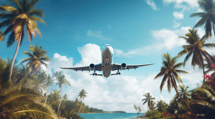 Wall Mural - airplane flying over tropical palm trees. clear blue sky vacation time.