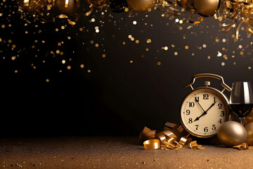 New Year's Eve clock and gold Christmas decorations background copy space