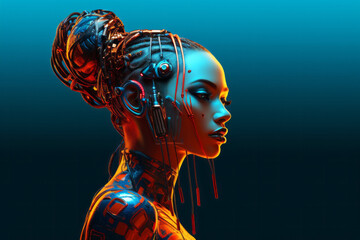 young female woman robot face portrait side view in the style of modern cyberpunk on bark blue backg