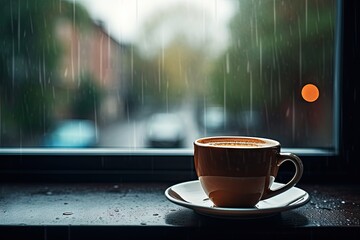 Wall Mural - Rainy day. Enjoying warm cup by window. Cosy reflections. Coffee on wooden table by rain streaked. Morning in rainy hues. Aromatic by wet