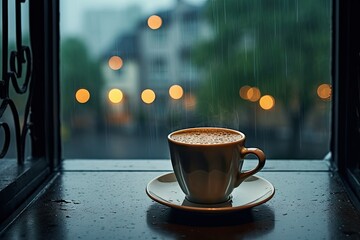 Wall Mural - Rainy day. Enjoying warm cup by window. Cosy reflections. Coffee on wooden table by rain streaked. Morning in rainy hues. Aromatic by wet