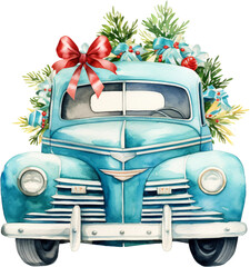 Wall Mural - Retro Watercolor Christmas Trucks in Blue and Turquoise, Isolated