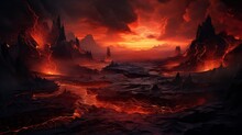 End Of The World, The Apocalypse, Armageddon. Lava Flows Flow Across The Planet, Hell On Earth, Fantasy Landscape Inferno Magma Volcano