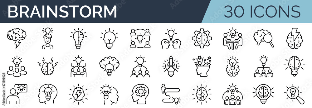 Set of 30 outline icons related to brainstorm. Linear icon collection ...