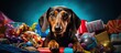 Selfish Dachshund in festive attire lies in pet bed guarding its toys and gift boxes refusing to share