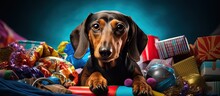 Selfish Dachshund In Festive Attire Lies In Pet Bed Guarding Its Toys And Gift Boxes Refusing To Share