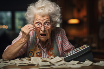 shocked old woman making household budget, calculating taxes and working with invoices