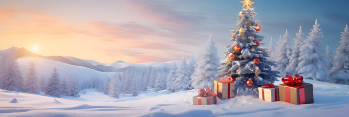 Wall Mural - dawn winter forest fantasy landscape with a christmas decorated tree. decorated christmas tree in th