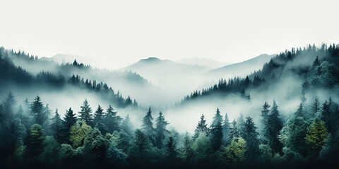 Misty mountain landscape with fir forest in vintage retro style. Generative AI