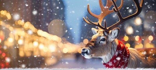 Wall Mural - Merry Christmas holiday vacation winter background greeting card - Closeup of cool Santa Claus reindeer on christmas market, with bokeh lights and snowflakes