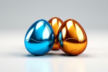 Colorful Easter Eggs On White Background. Chocolate Eggs With Orange, Yellow, And Blue Foil Wrapping. 3D-rendered Image. Generative AI