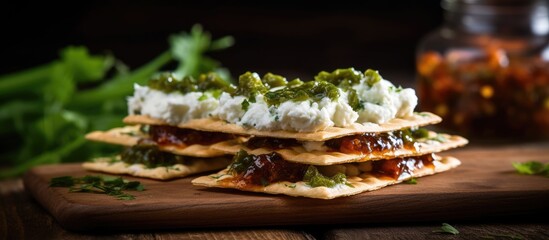 Wall Mural - Tasty crackers topped with cottage cheese and spicy jalapeno jam placed on a rustic wooden table