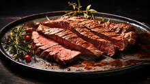 Picture Of Sliced Steak On Metal Plate