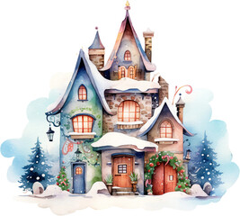 Wall Mural - Isolated Watercolor Christmas Clipart of Traditional Village and Modern House Decor